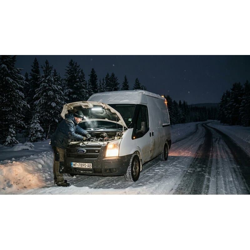 Ford Transit z otwartą maską — podłączenie jump startera do akumulatora diesla