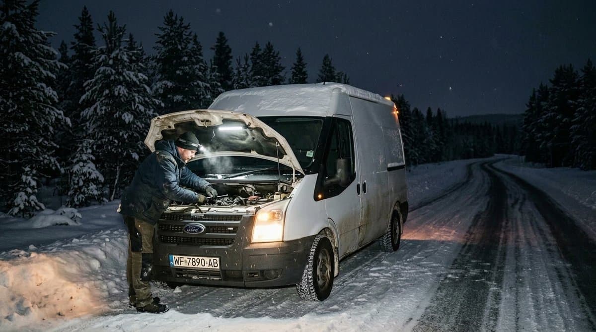 Ford Transit z otwartą maską — podłączenie jump startera do akumulatora diesla