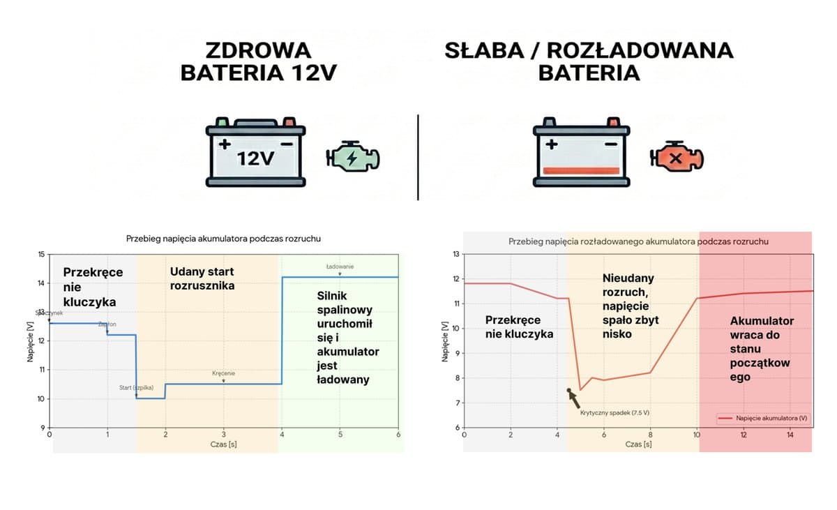 Porównanie przebiegu napięcia akumulatora 12V podczas rozruchu silnika – zdrowa bateria stabilizuje się na ok. 10,5V, słaba lub rozładowana bateria spada poniżej 8V i nie uruchamia rozrusznika