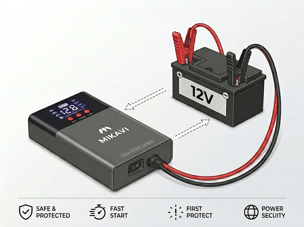 Jumpstarter Mikavi podłączony czerwonym i czarnym zaciskiem do akumulatora samochodowego oznaczonego 12V