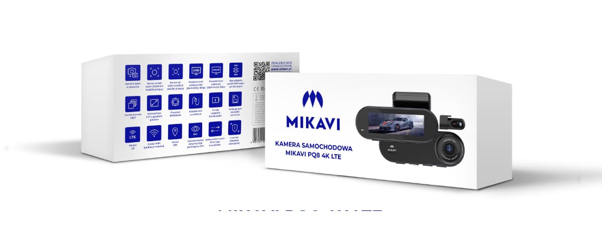 Zawartość zestawu kamery samochodowej Mikavi PQ8 - kamera, zasilacze, uchwyty i akcesoria