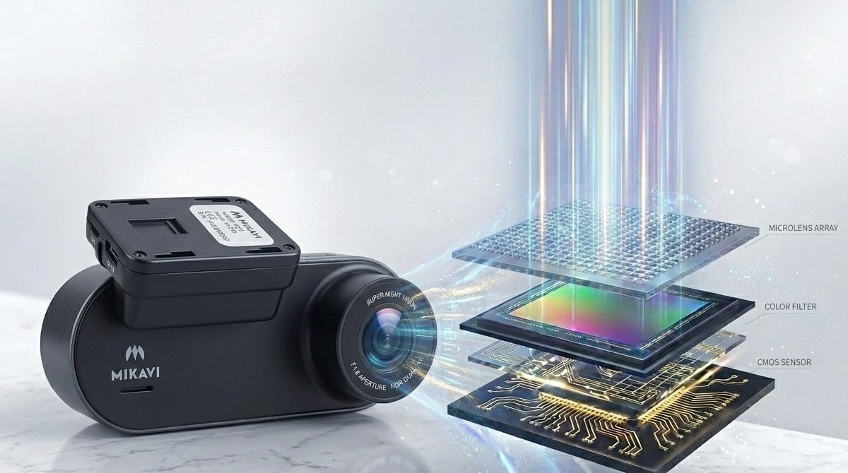 Wideorejestrator Mikavi PQ8 z matrycą Sony STARVIS 2 IMX678 — rozbita struktura sensora CMOS: mikrosoczewki, filtr barw, chip