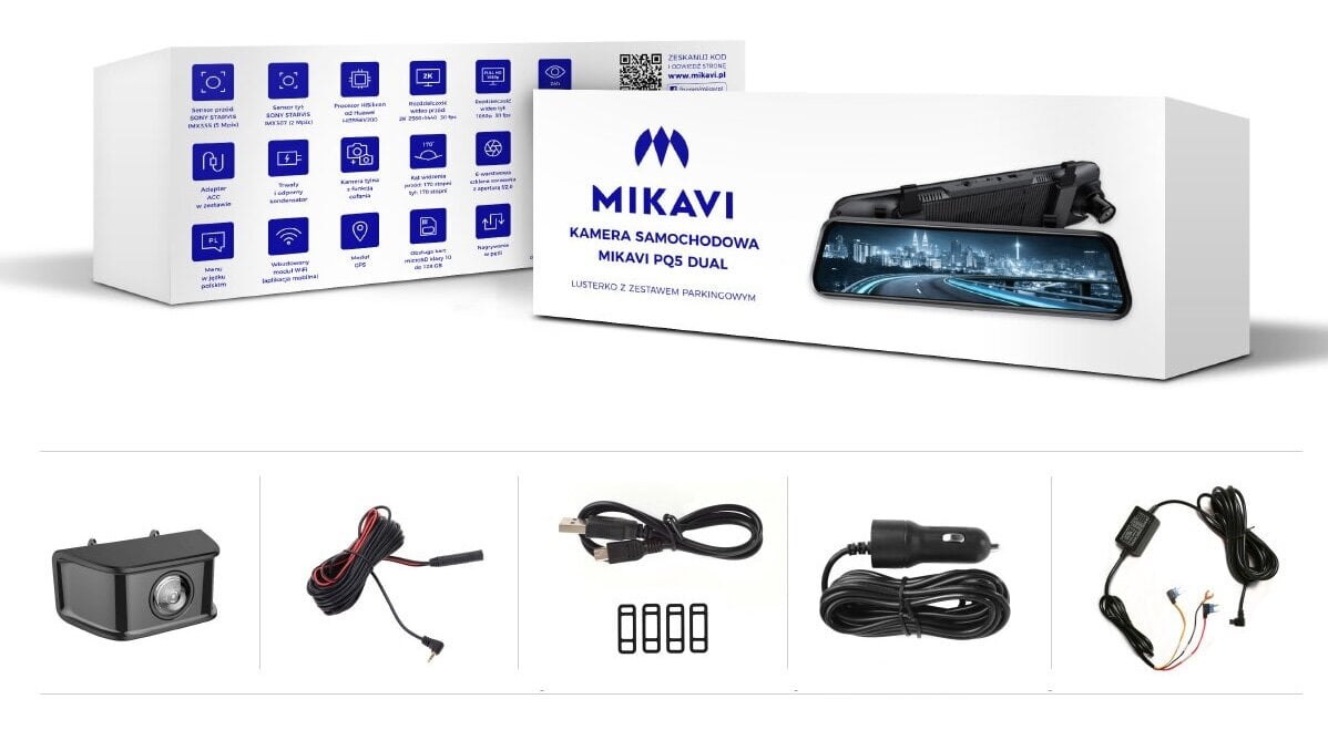 Zawartość zestawu wideorejestratora Mikavi PQ5 Dual - kamera, zasilacze i akcesoria