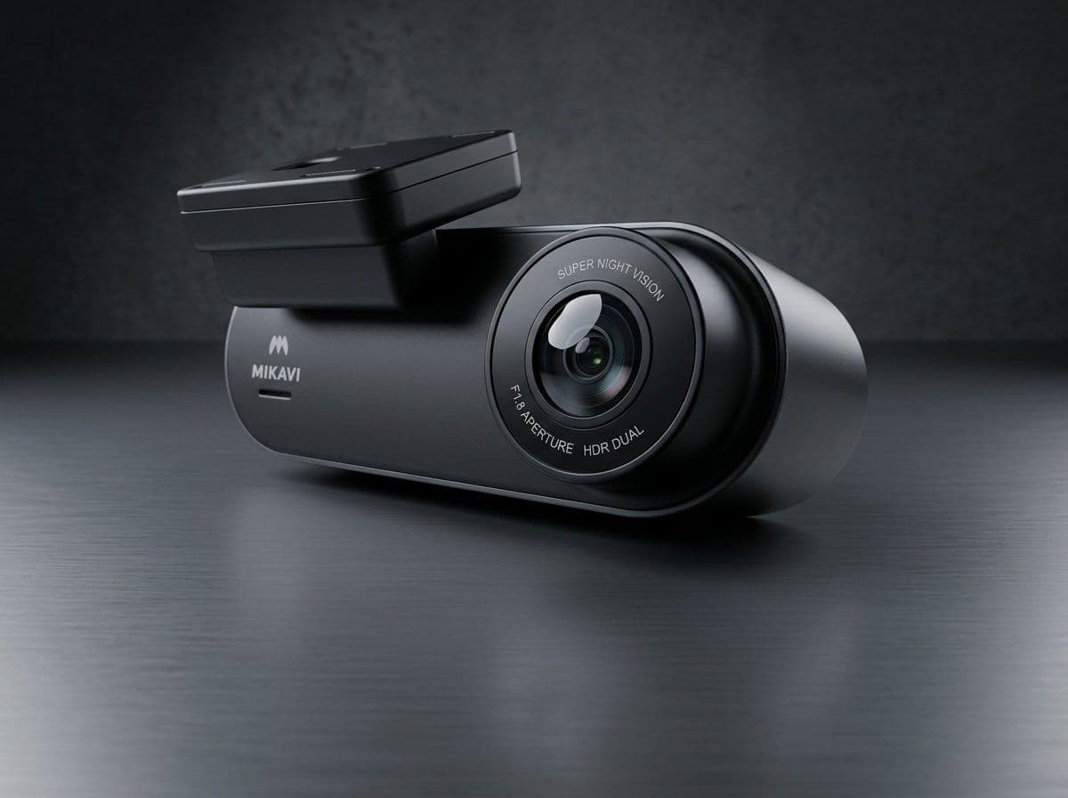 Wideorejestrator Mikavi PQ8 z obiektywem Super Night Vision, przysłoną F1.8 i trybem HDR Dual, zdjęcie studyjne na ciemnym tle