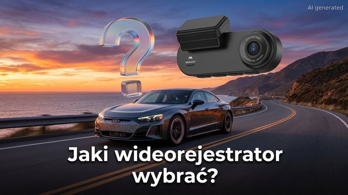 Wideorejestrator Mikavi nad autem jadącym malowniczą nadmorską drogą o zachodzie słońca, obok napis „Jaki wideorejestrator wybrać?” i znak zapytania