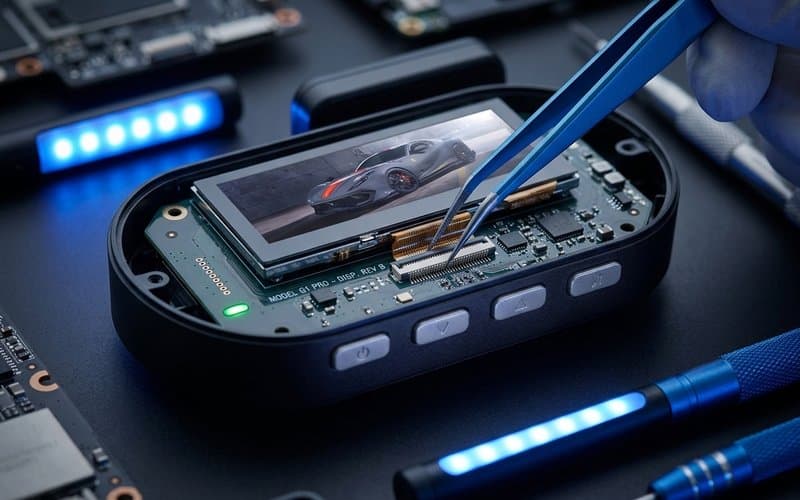 Montaż wyświetlacza IPS w wideorejestratorze samochodowym — technik precyzyjnie podłącza taśmę FPC do ekranu kamery za pomocą pincety