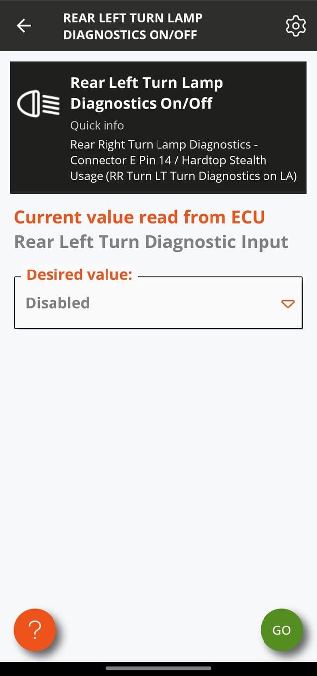 JScan - Rear Left Turn Lamp Diagnostics On/Off ustawione na Disabled