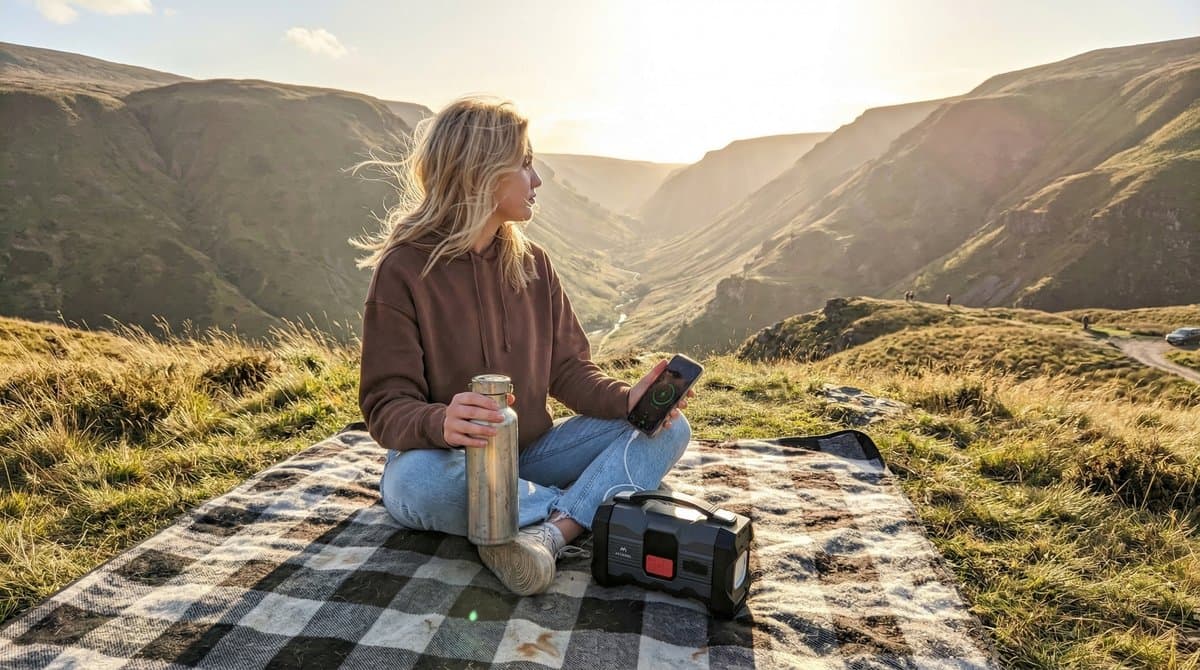 Dziewczyna w górach ładuje telefon przy użyciu jump startera Mikavi EnerJump