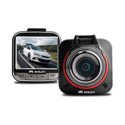 Mikavi PQ1 widok z przodu i od tyłu z ekranem LCD i obiektywem z czerwonym pierścieniem