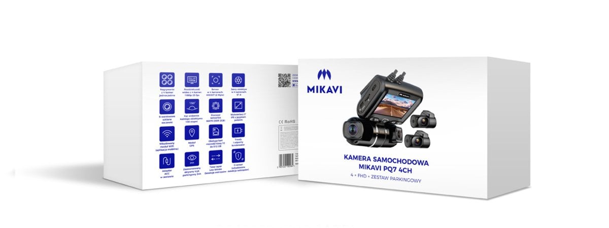 Opakowanie kamery samochodowej Mikavi PQ7 4CH z pelna zawartoscia zestawu