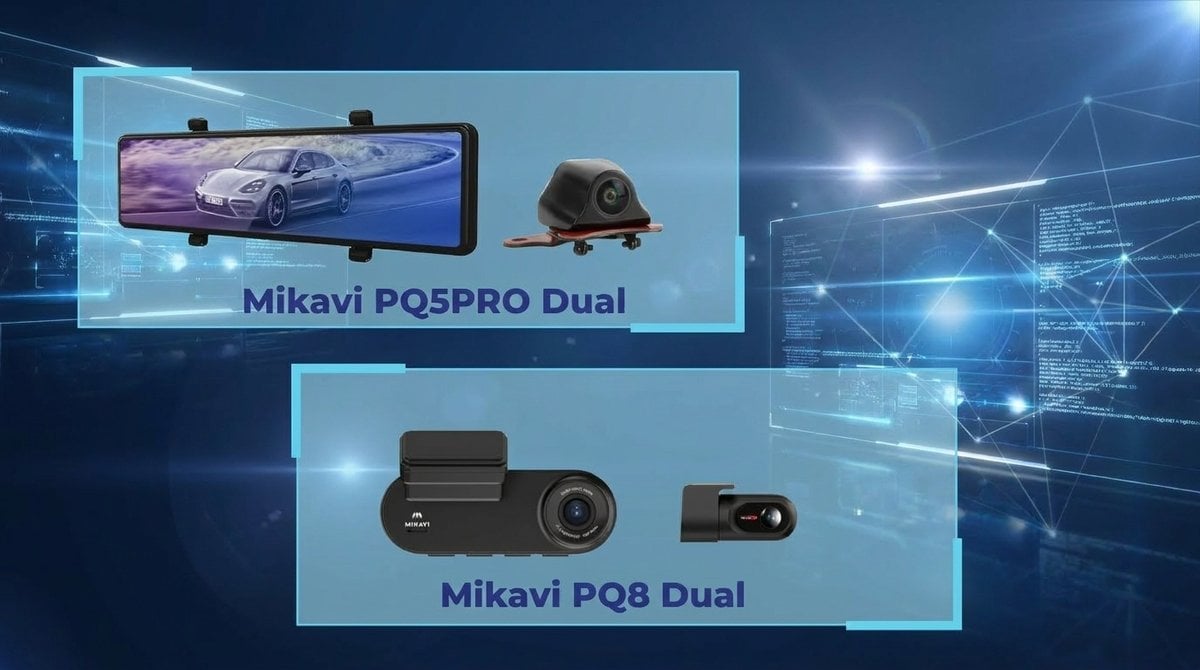 Kamery samochodowe dual Mikavi — PQ5 PRO Dual z kamerą tylną i PQ8 Dual, wideorejestratory z nagrywaniem przód i tył